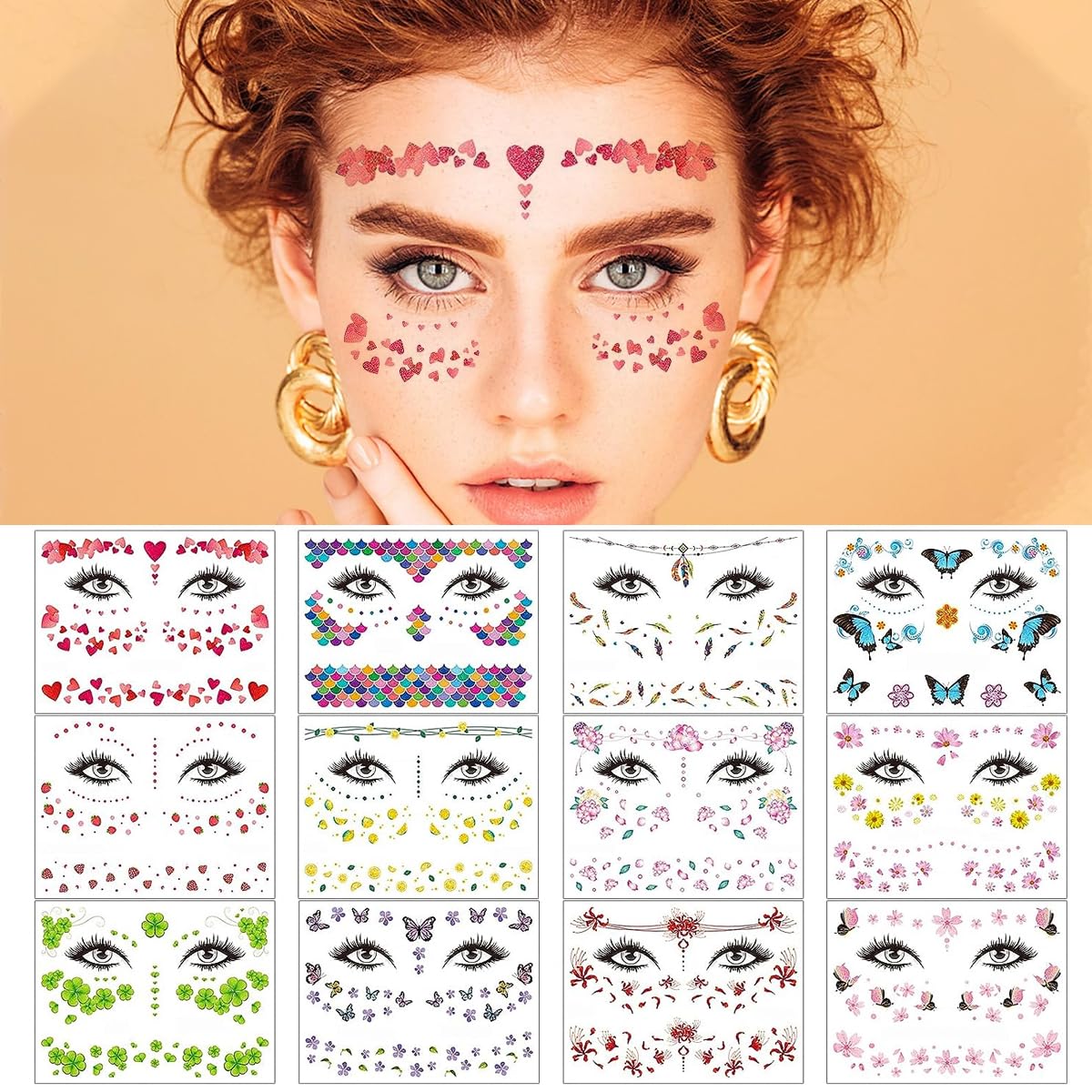 MAYCREATE 12 Sheets Glitter Face Temporary Tattoo for Women Girls, Charming Decals Flowers Face Arm Body Makeup Stickers, Waterproof Butterfly Fake Tattoos for Party, Halloween MAYCREATE 12 Sheets Glitter Face Temporary Tattoo for Women Girls, Charming Decals Flowers Face Arm Body Makeup Stickers, Waterproof Butterfly Fake Tattoos for Party, Halloween